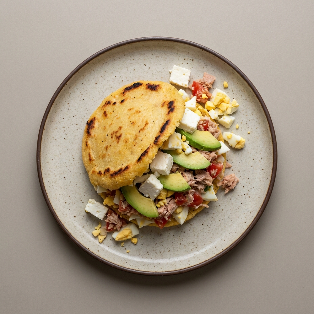Arepa rellena de queso de cabra, huevo, atún con jitomate, y aguacate