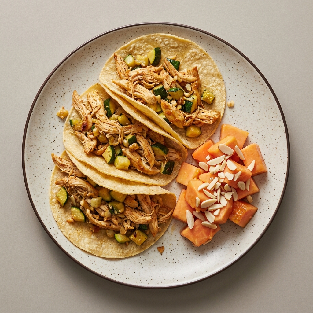 Tacos de pechuga de pollo deshebrada con calabacita y fruta de postre