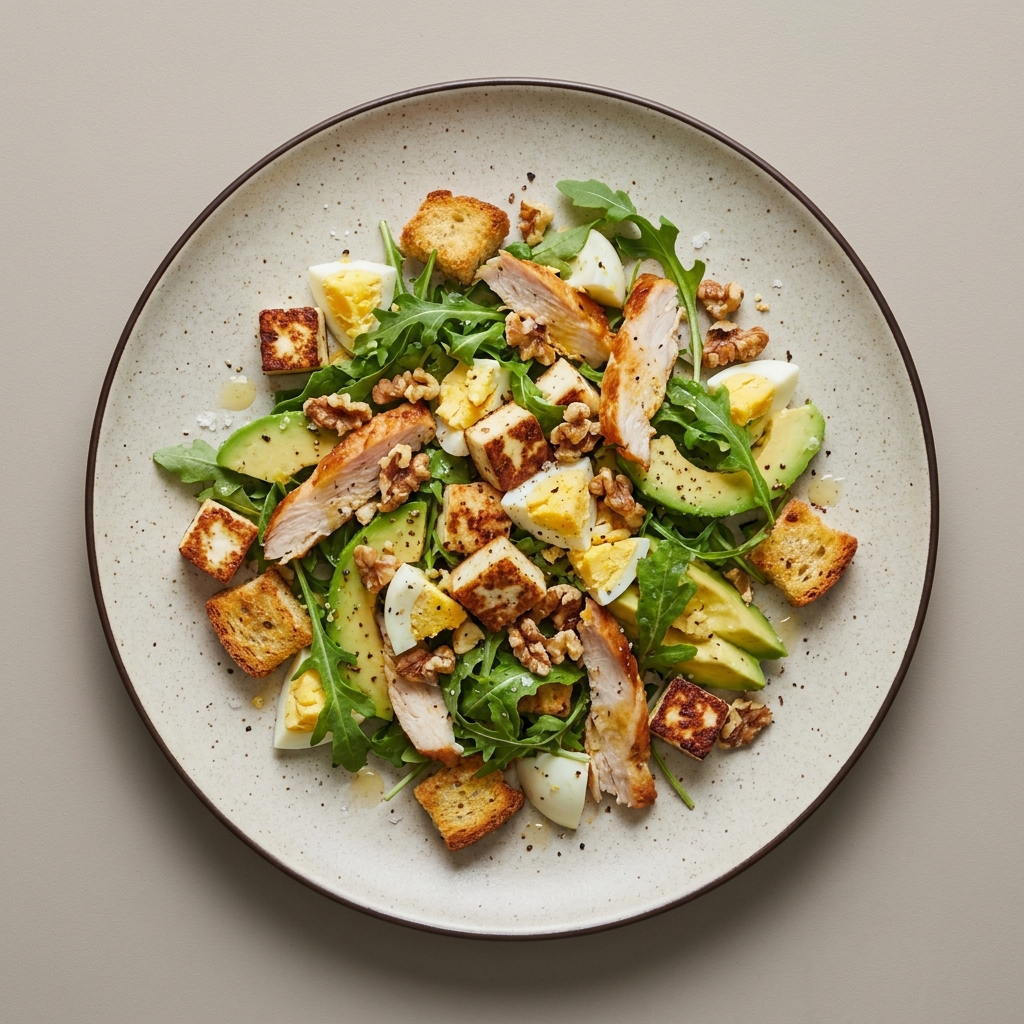 Ensalada de queso panela, huevo y pechuga de pavo horneada con nuez, arúgula, aguacate, y croutones