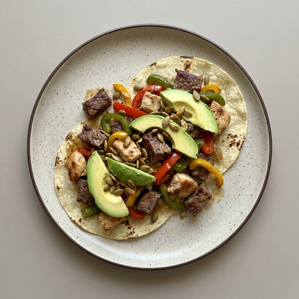 Alambre de arrachera de res, bistec bola y pechuga de pollo con pimiento de color, pepita de calabaza y aguacate, con tortilla de maíz