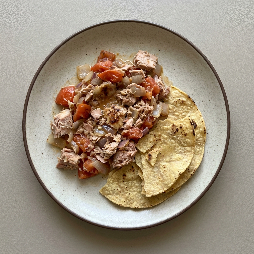 Atún en agua revuelto con jitomate y cebolla, con tostadas de maíz
