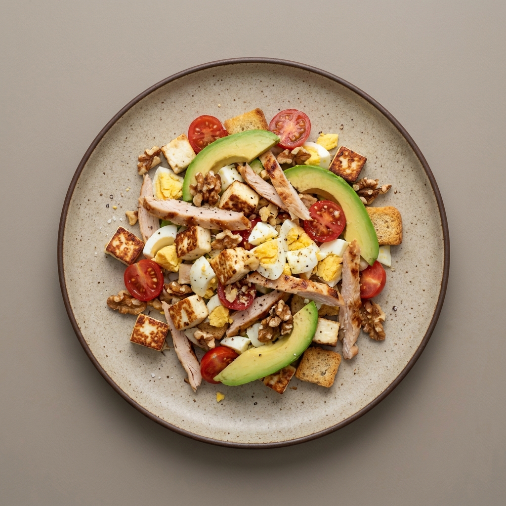Ensalada de queso panela, huevo y pechuga de pavo horneada con nuez, jitomate cherry, aguacate, y croutones