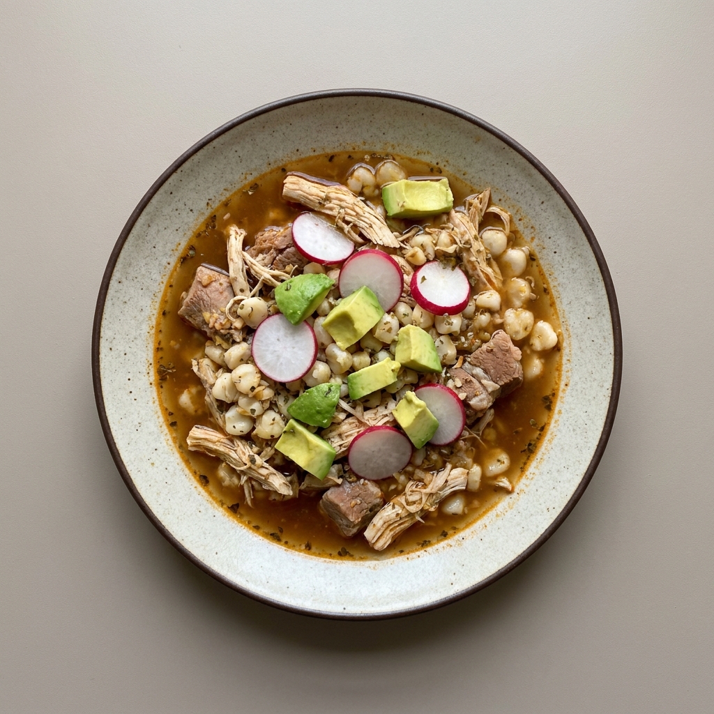 Pozole surtido con rábano, y aguacate
