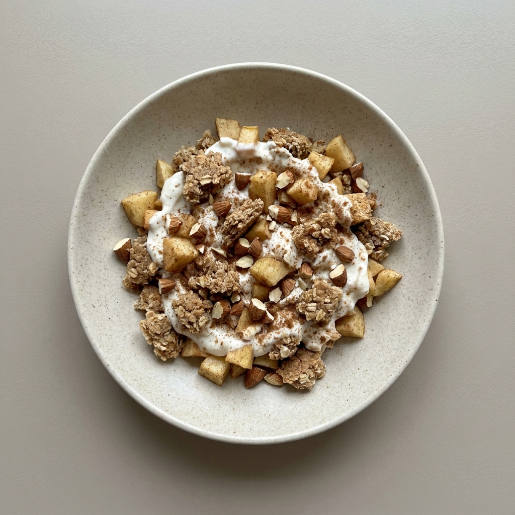 Bowl de yogurt con barra de avena, manzana y almendra
