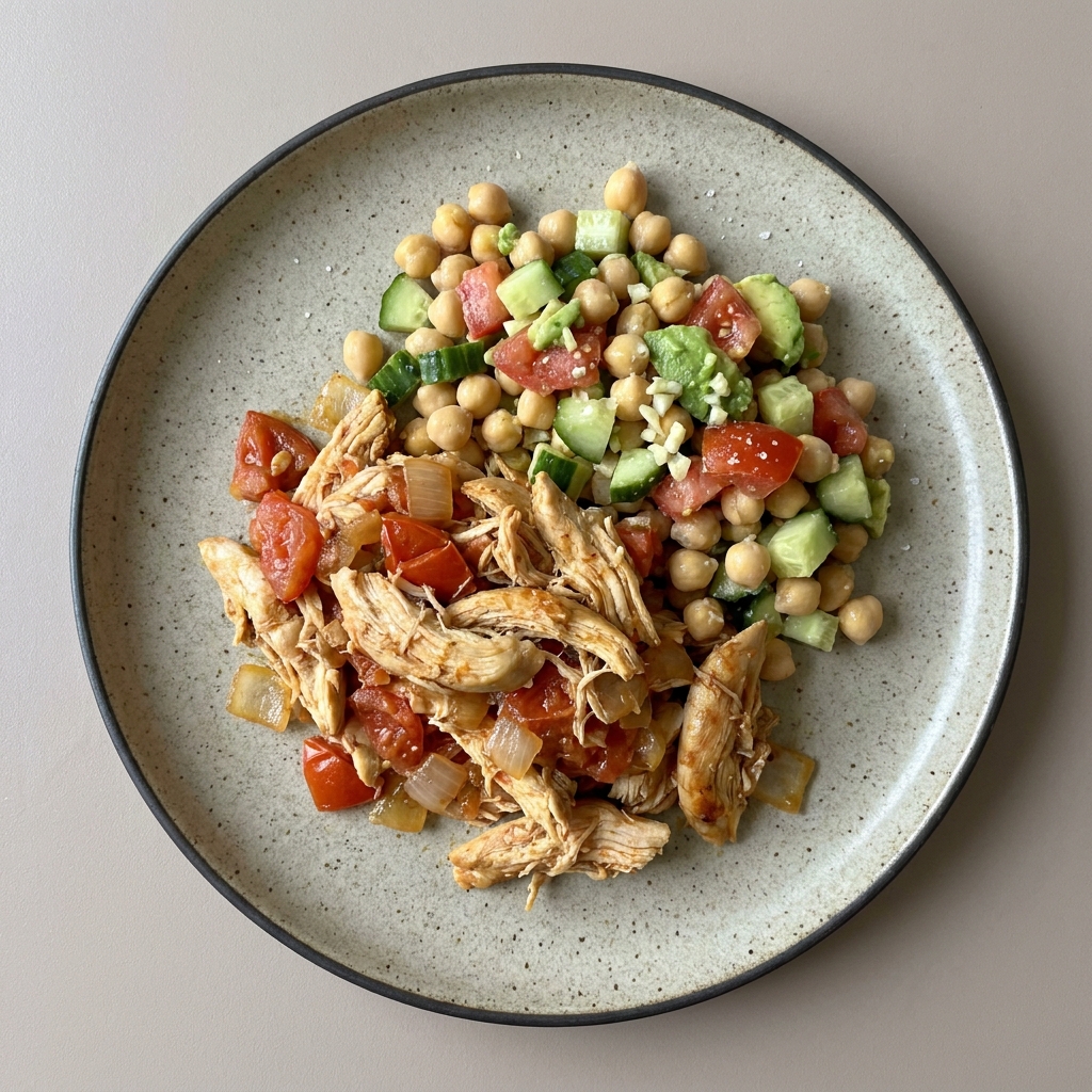 Pollo revuelto con jitomate y cebolla + ensalada de garbanzos
