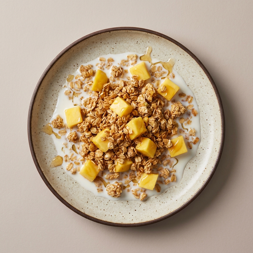 Granola con mango, leche y miel