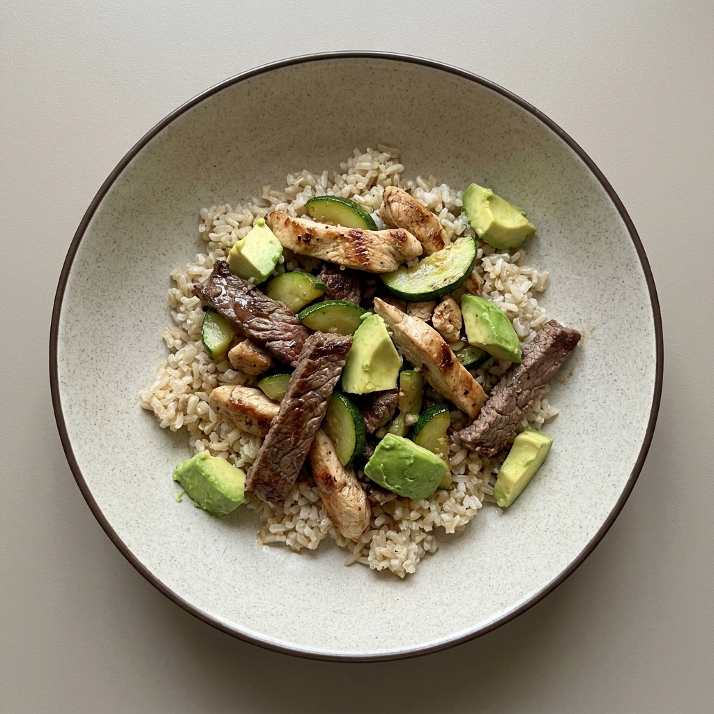 Bowl mixto de arroz integral con arrachera, pechuga de pollo, calabacita y aguacate