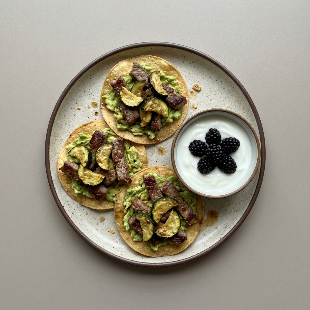 Tostadas de bistec con calabacita asada y aguacate acompañadas de yogurt con moras