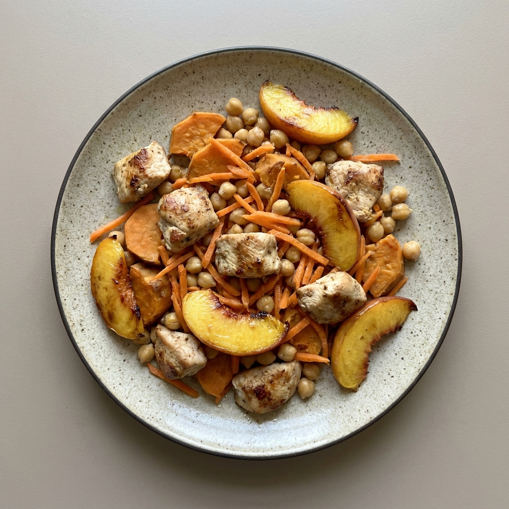 Bowl de pechuga de pollo, con camote, zanahoria rallada y durazno asado