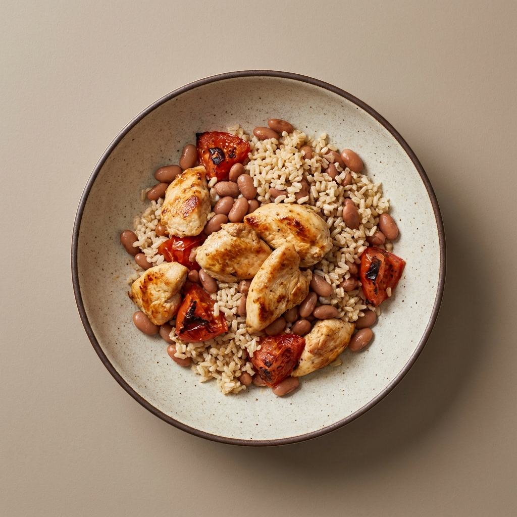 Bowl mexicano de arroz con frijoles, pechuga de pollo y jitomate asado