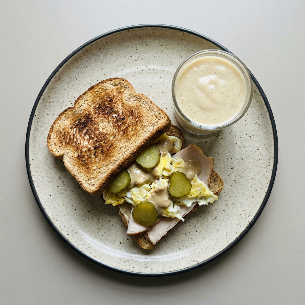 Sandwich de claras de huevo con pechuga de pavo,tahini y pepinillos con licuado de plátano