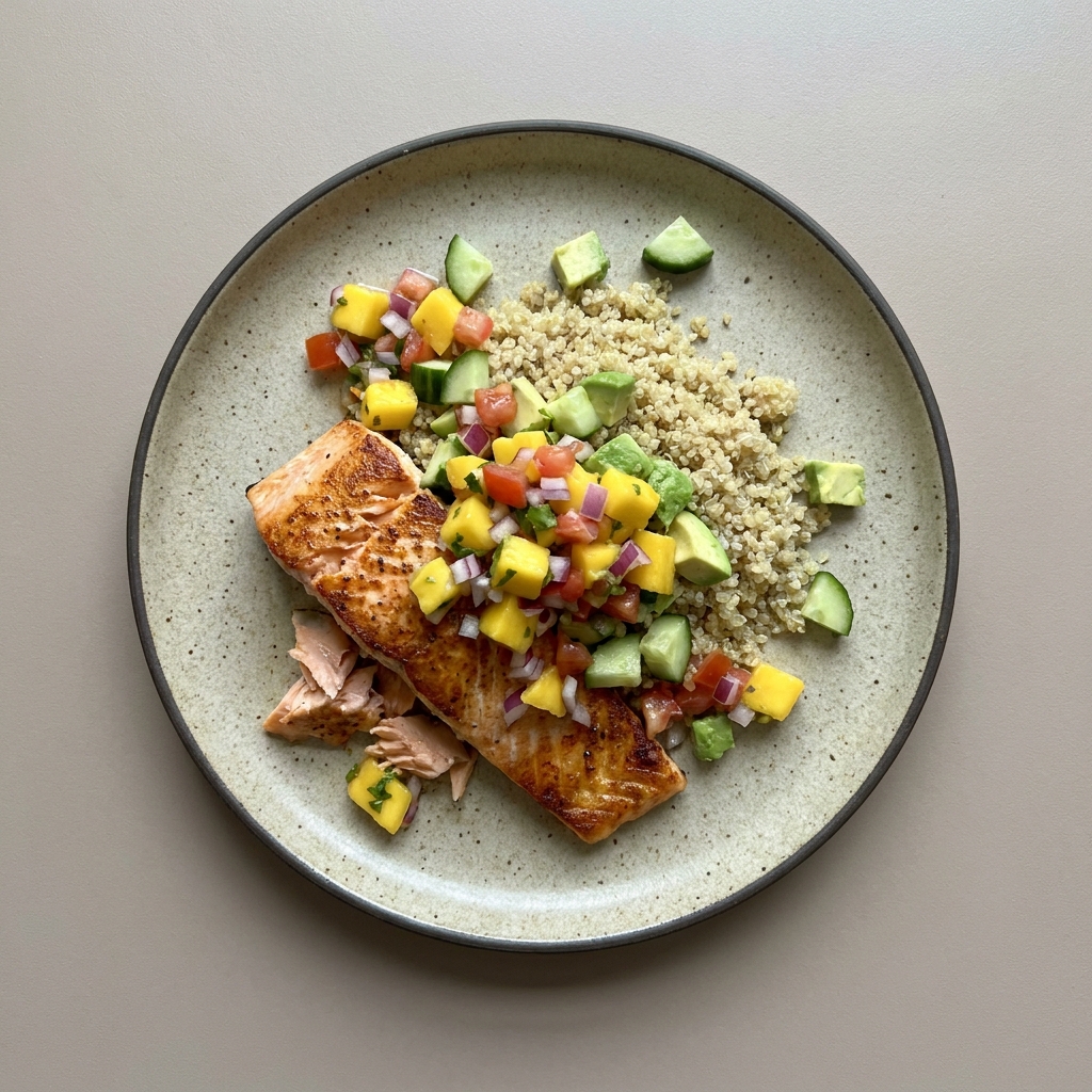 Salmón en salsa de mango con quinoa y vegetales