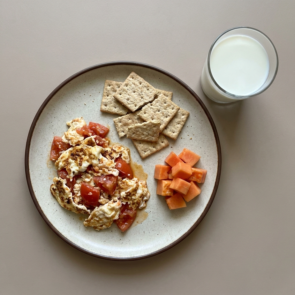 Clara de huevo con jitomate con galletas salmas acompañadas de fruta y vaso de leche