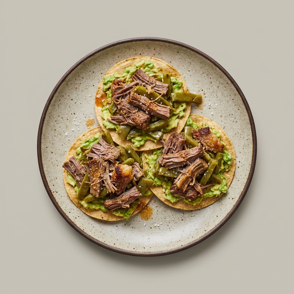 Tostadas de carne res deshebrada con nopal y aguacate