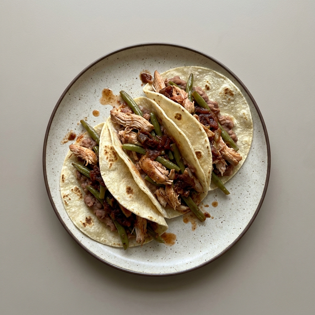 Tacos de pollo con ejote en salsa roja