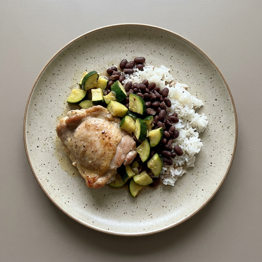 Muslo de pollo con calabacita, frijol y arroz