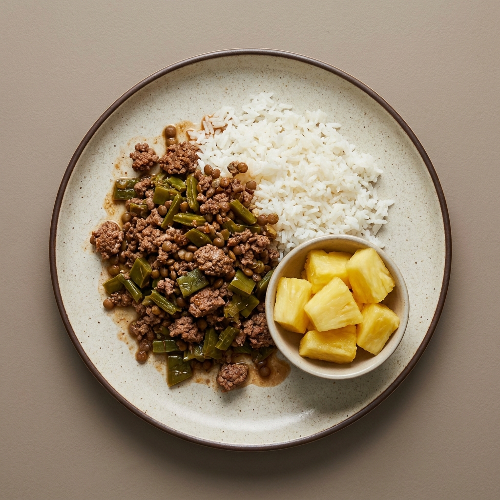 Picadillo de res con nopales, lenteja, y arroz acompañada de piña picada