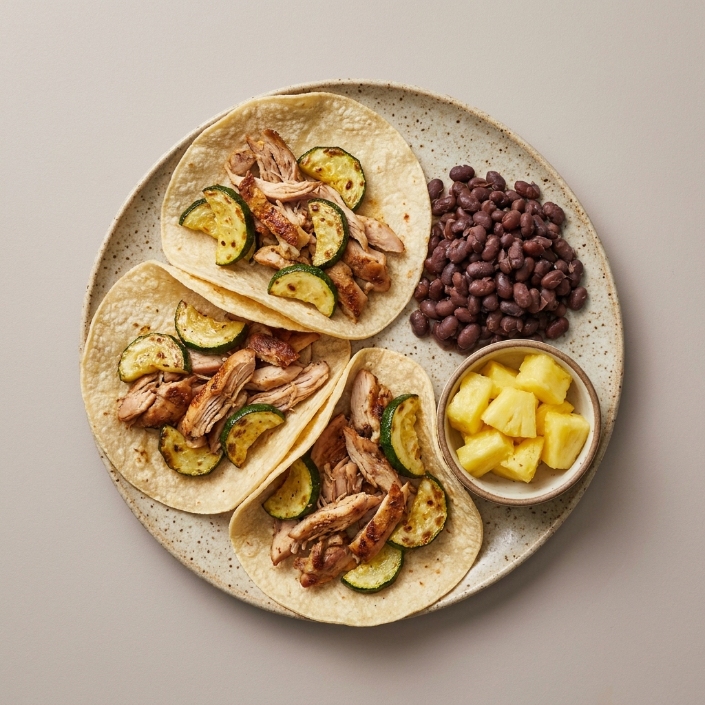 Tacos de pollo con calabacita asada, y frijoles, acompañados de piña picada