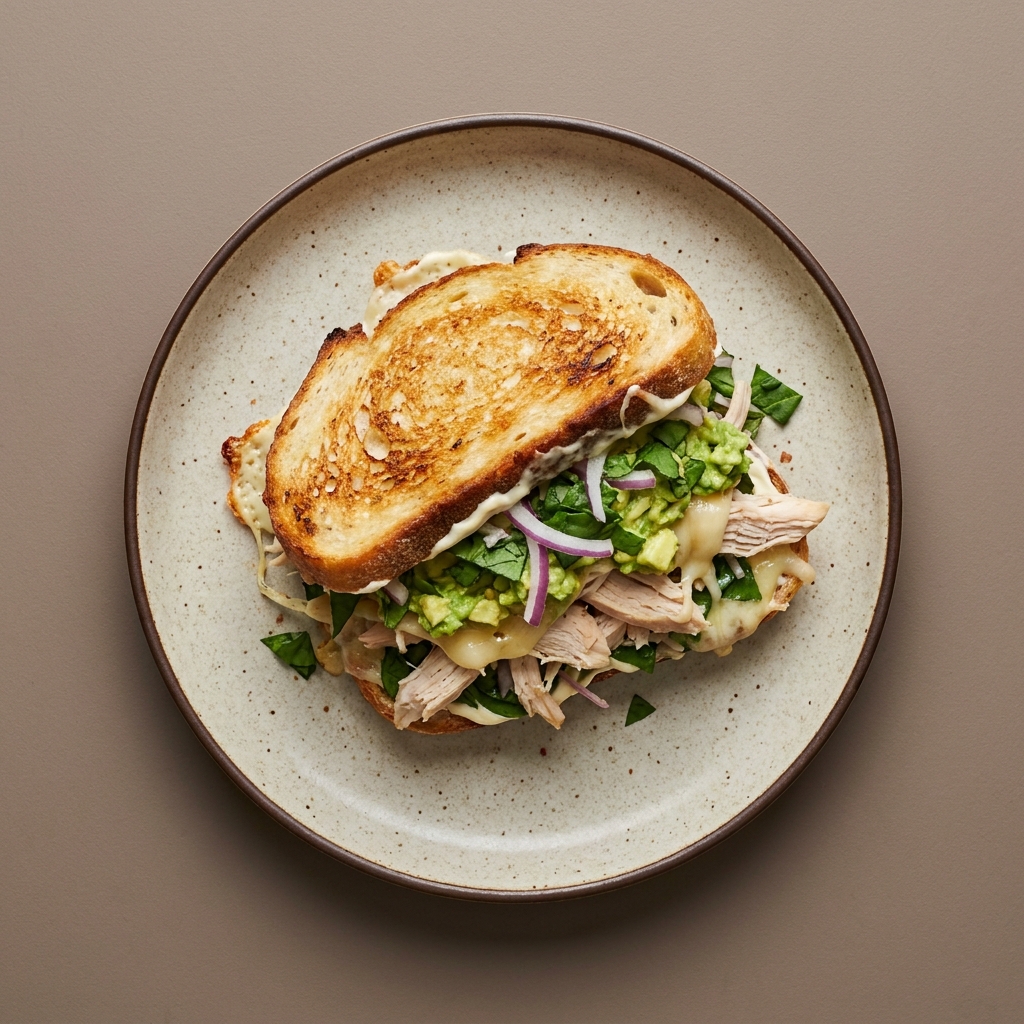 Sandwich de pollo con aguacate, mayonesa, queso