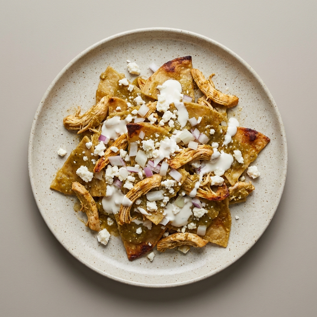 Chilaquiles verdes con pechuga de pollo y frijoles