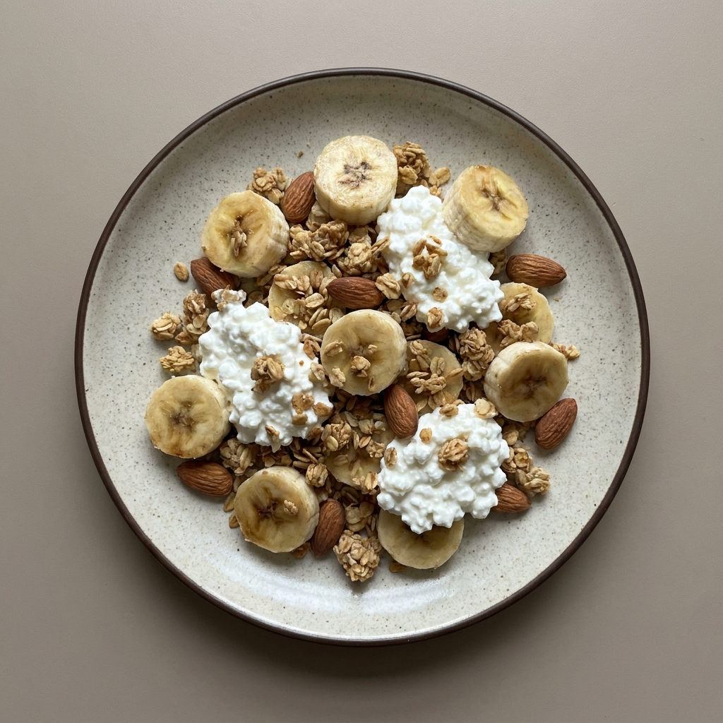 Plátano con cottage, almendras y granola