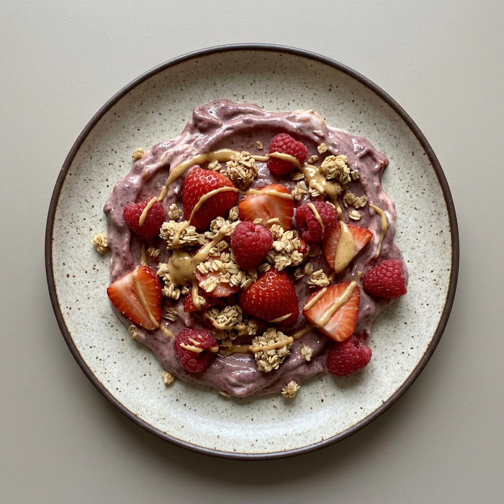 Acai bowl con frutos rojos y crema de cacahuate, granola