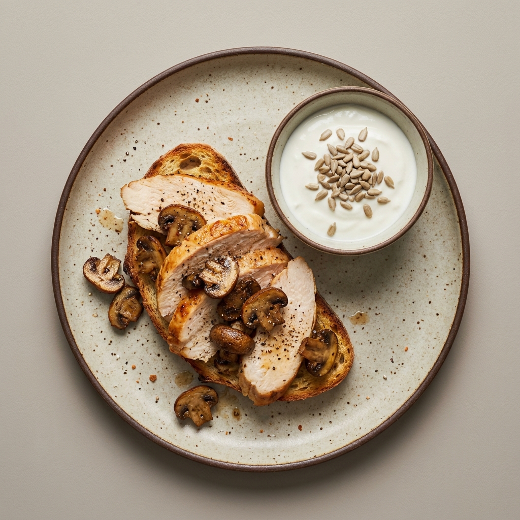 Sandwich de pechuga de pavo horneada con champiñón asados acompañado con yogurt natural y semilla de girasol