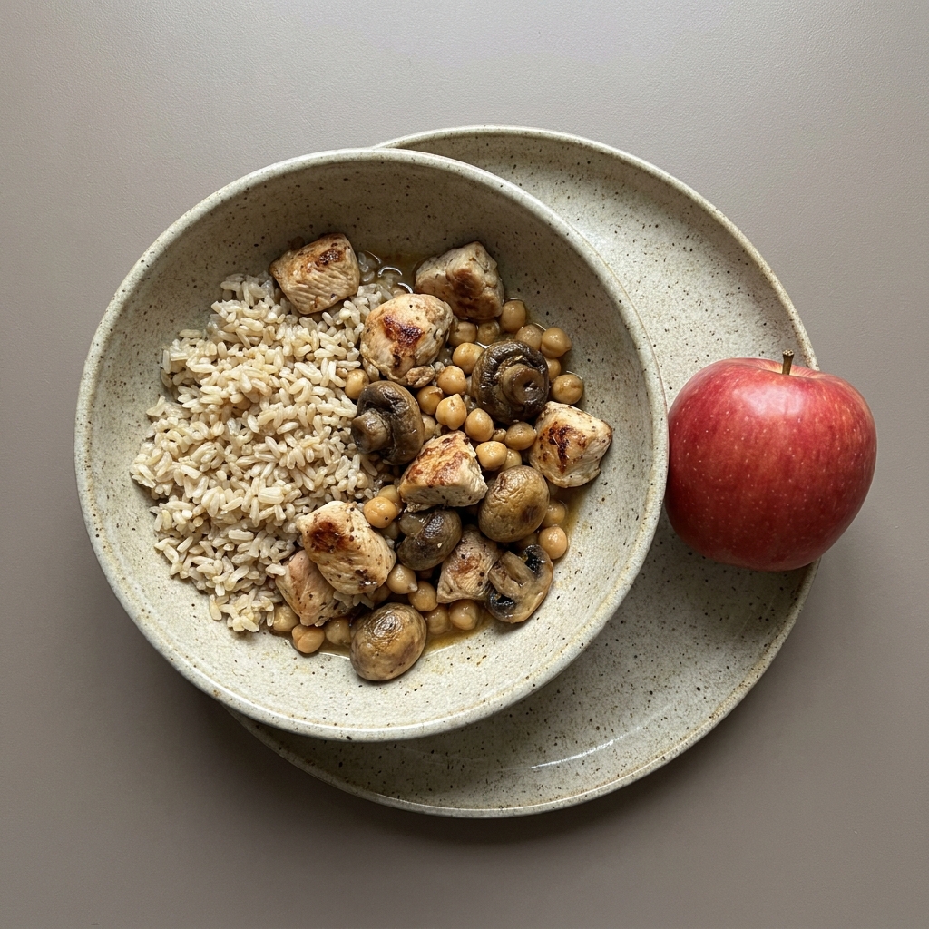 Bowl de arroz integral con pechuga de pollo y champiñón acompañado de manzana