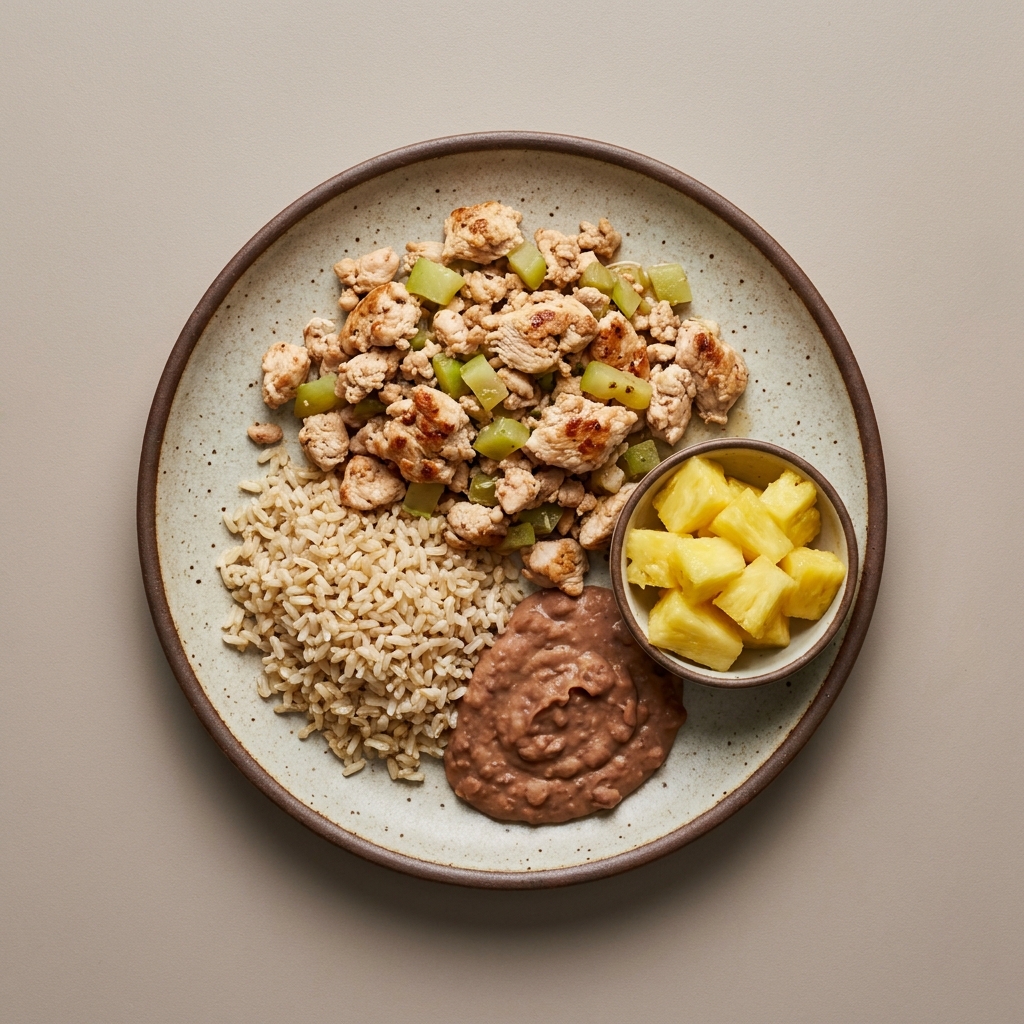 Pechuga de pollo con chayote, frijoles y arroz con piña picada
