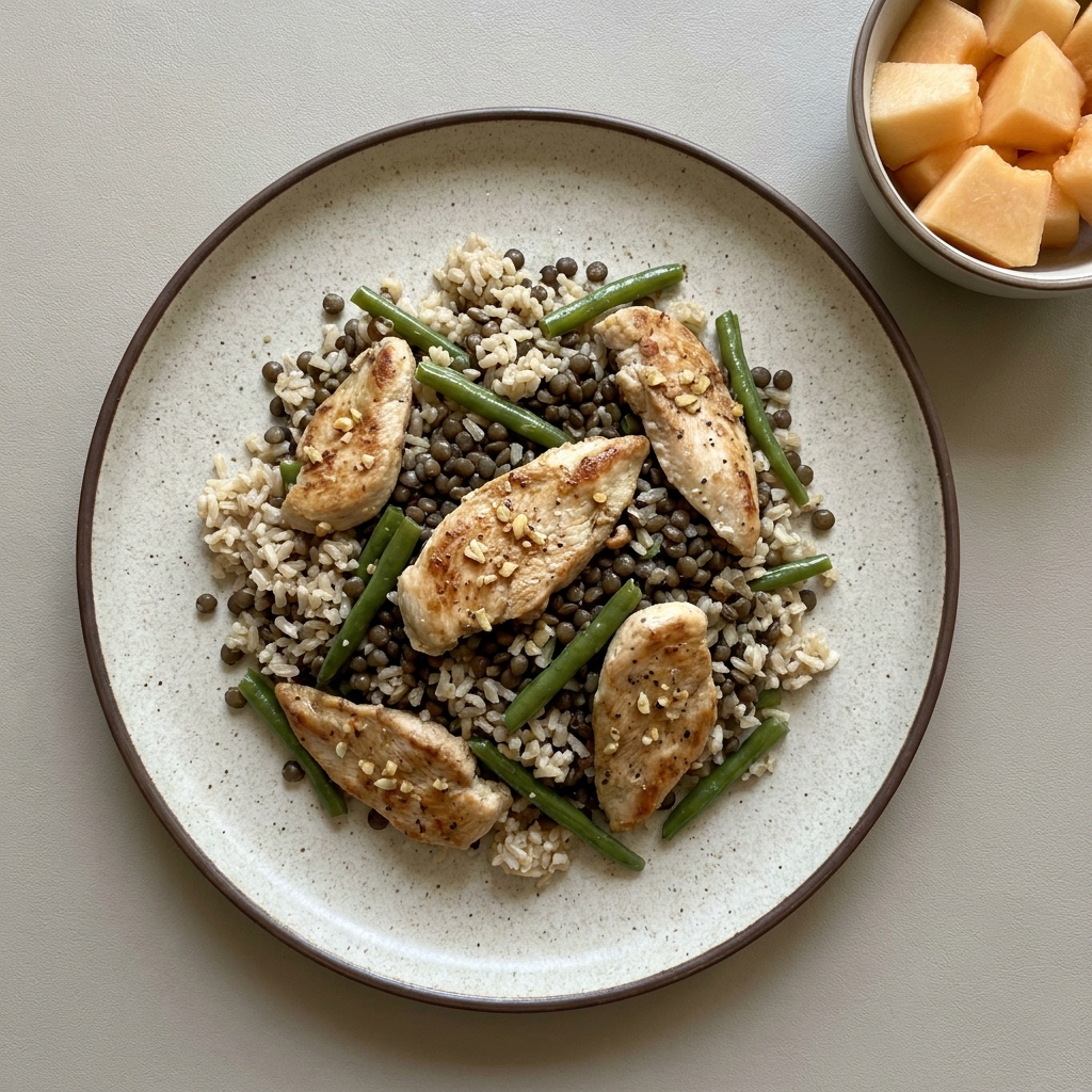 Pechuga de pollo con arroz, lentejas y ejote acompañado de melón picado