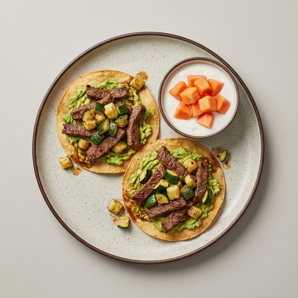 Tostadas de bistec con calabacita y aguacate, con bowl de yogurt con papaya