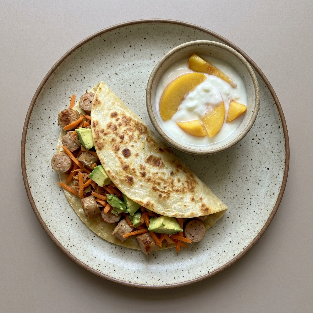 Doraditas de salchicha de pavo con zanahoria y aguacate, con bowl de yogurt y durazno