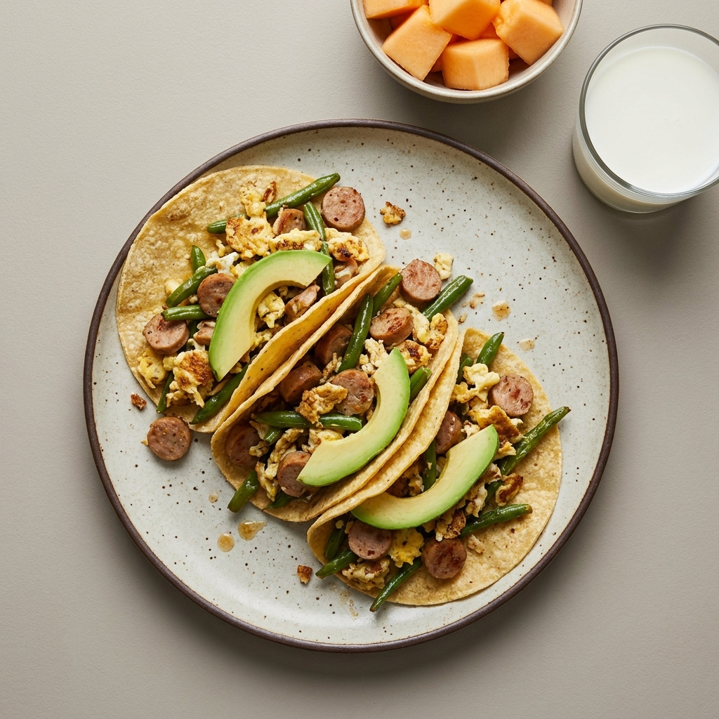 Tacos de huevo con salchicha y ejote con aguacate, con un bowl de melón y vaso de leche.