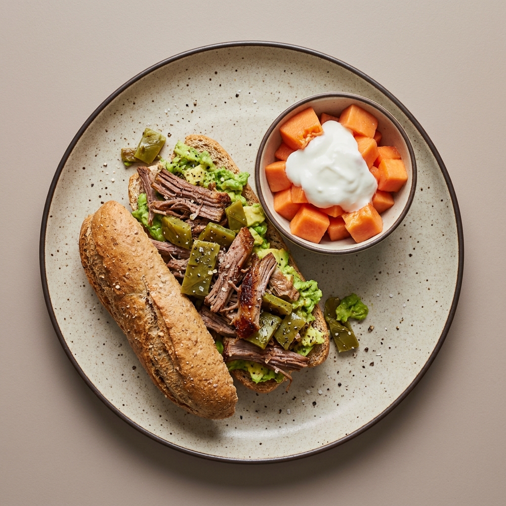 Pepito de carne res deshebrada con nopal y guacamole, con bowl de yogurt con papaya