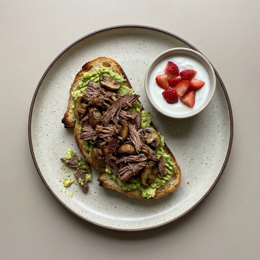 Pan de carne res deshebrada con champiñón asado, con bowl de yogurt con fresa