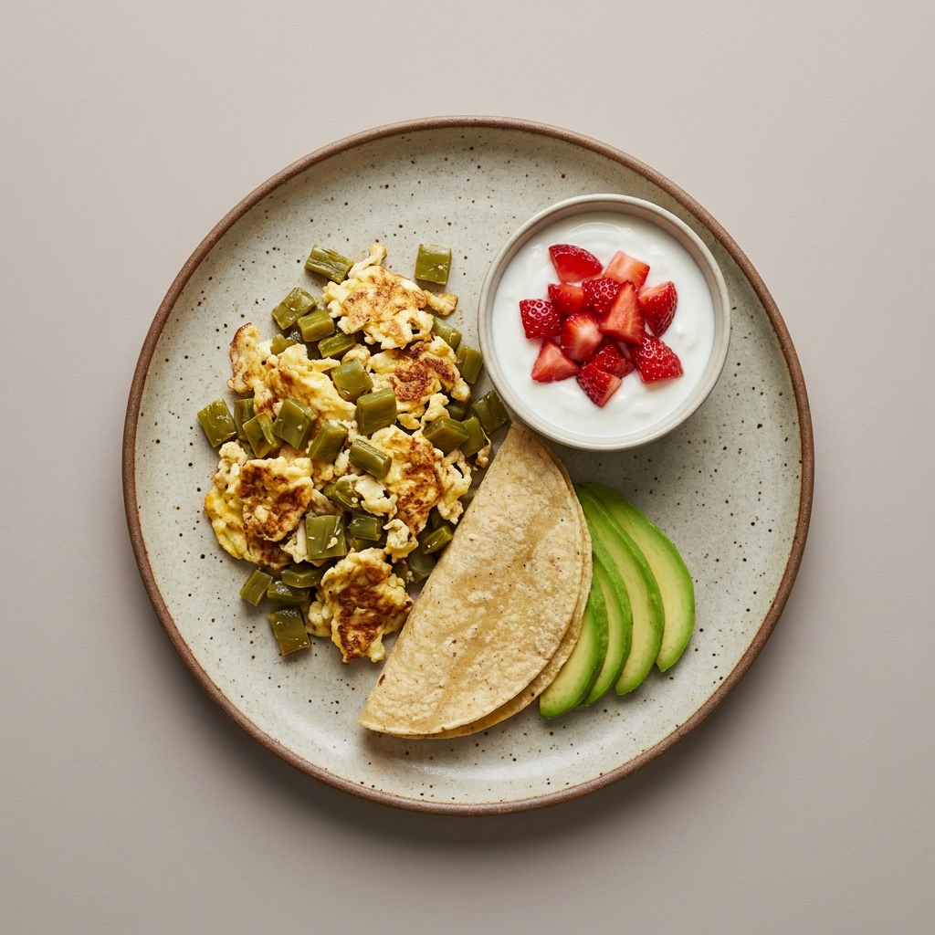 Huevo con nopal y aguacate, con tortilla de maíz, y bowl de yogurt con fresa
