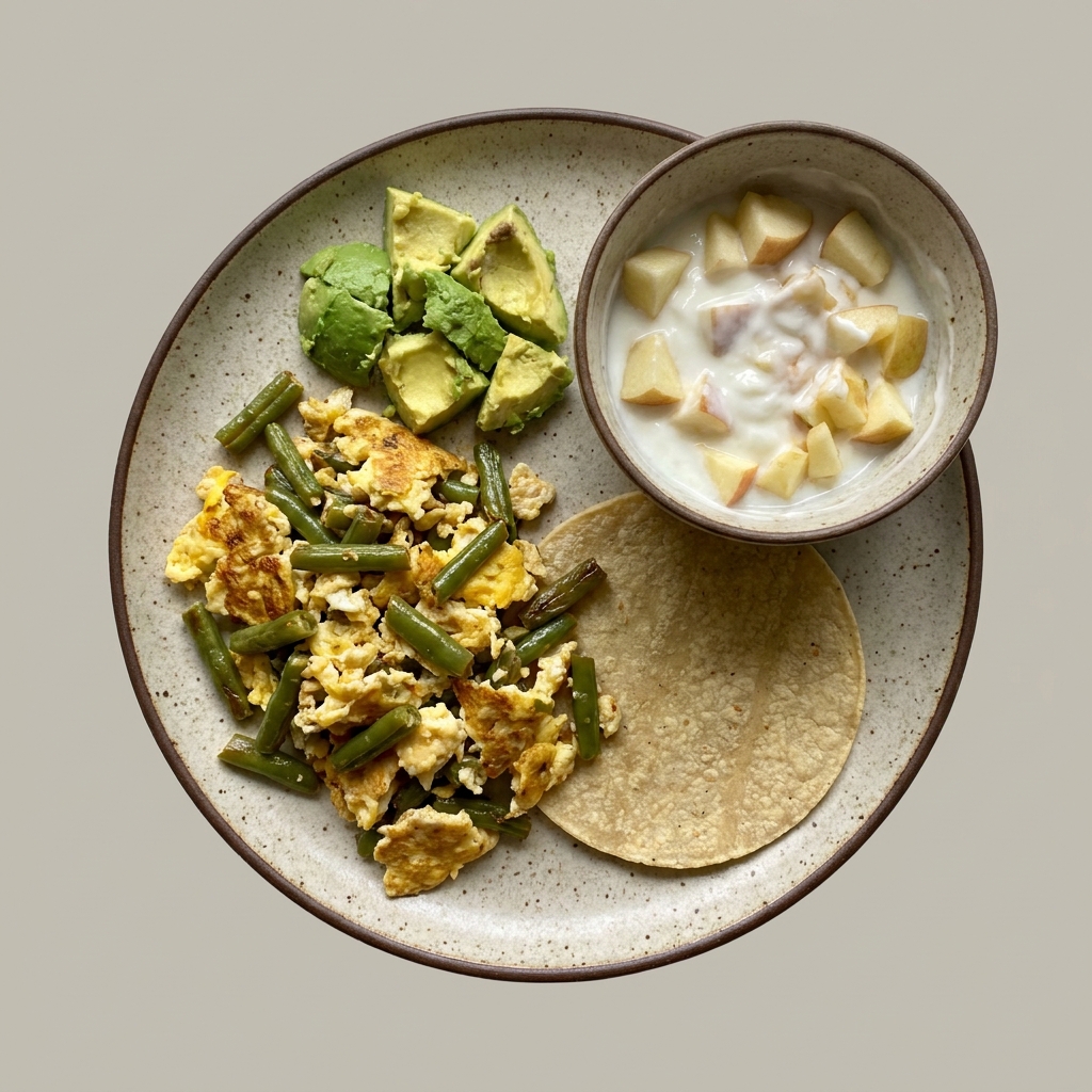 Huevo con ejote y aguacate, con tortilla de maíz, y bowl de yogurt con manzana