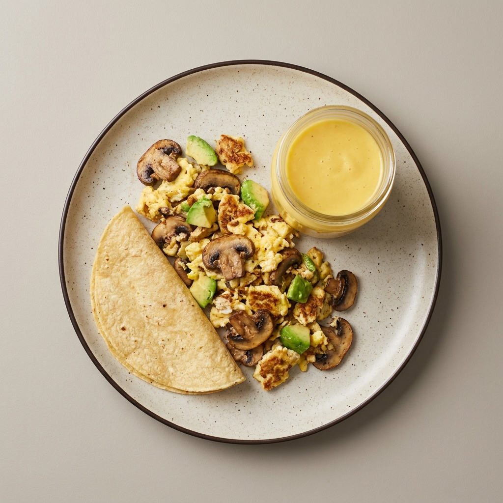 Huevo con champiñón y aguacate, con tortilla de maíz, y licuado de mango