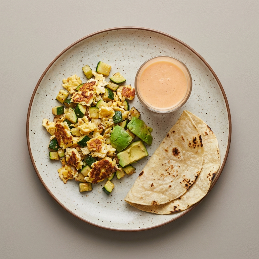 Huevo con calabacita y aguacate, con tortilla de maíz, y licuado de papaya