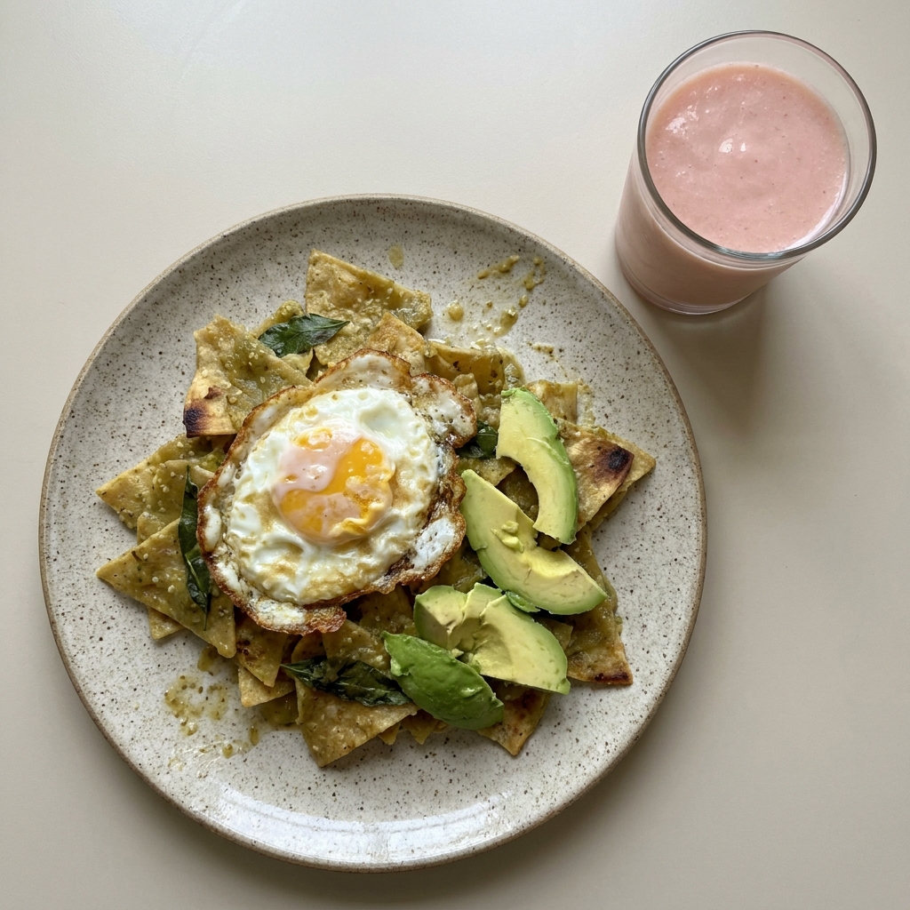 Chilaquiles verdes con huevo estrellado y aguacate, con licuado de guayaba