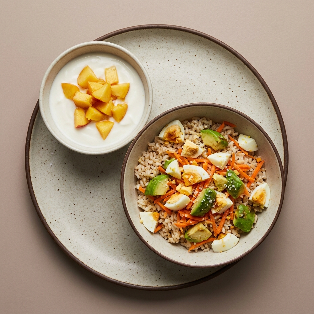 Bowl de arroz integral con huevo, zanahoria y aguacate, acompañado de  yogurt con durazno