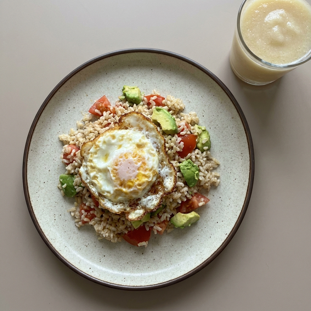 Huevo estrellado con arroz, jitomate y aguacate, con licuado de manzana