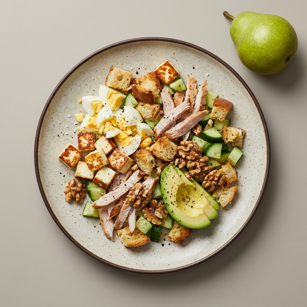 Ensalada de queso panela, huevo y pechuga de pavo horneada con nuez, pepino y aguacate, con croutones