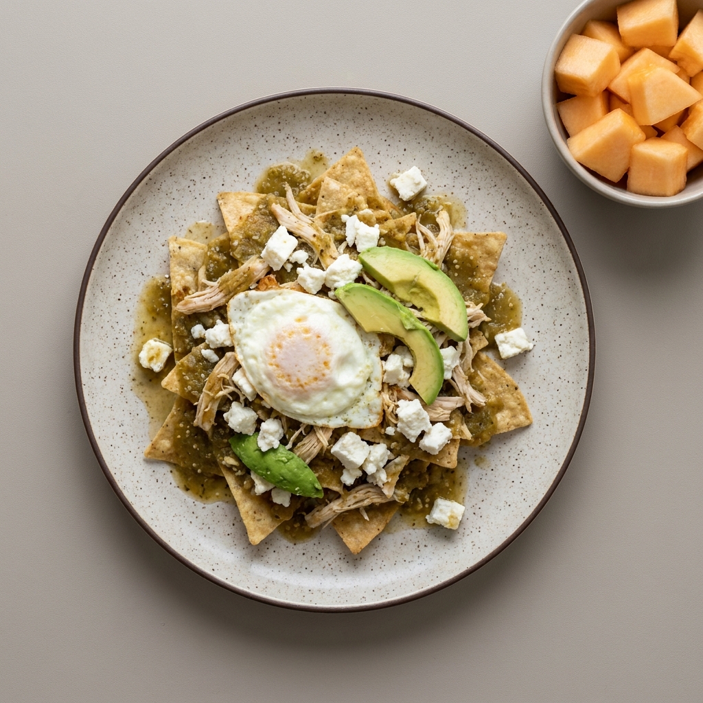 Chilaquiles verdes con pechuga de pollo deshebrado, queso panela y huevo con aguacate, y melón picado