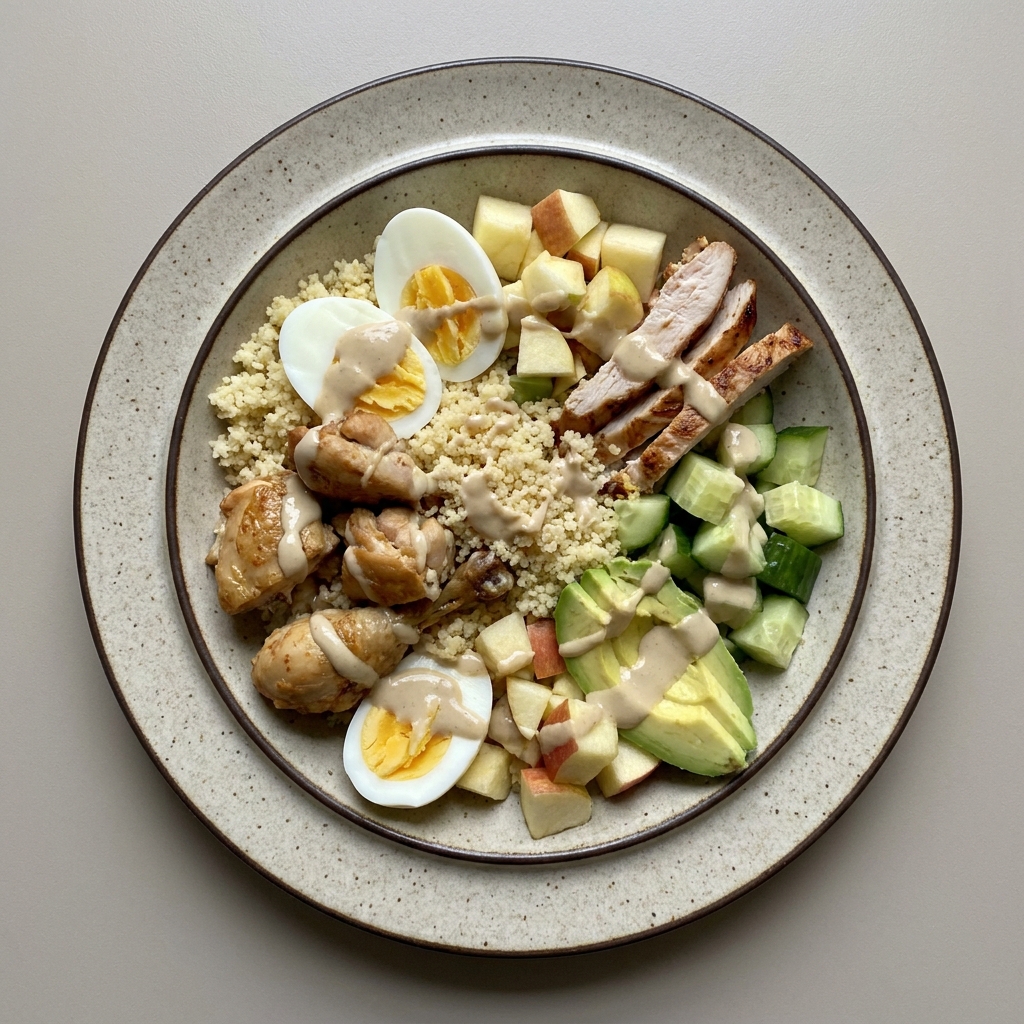 Bowl de couscous con pollo, huevo y pechuga de pavo horneada, con tahini, aguacate, pepino y manzana