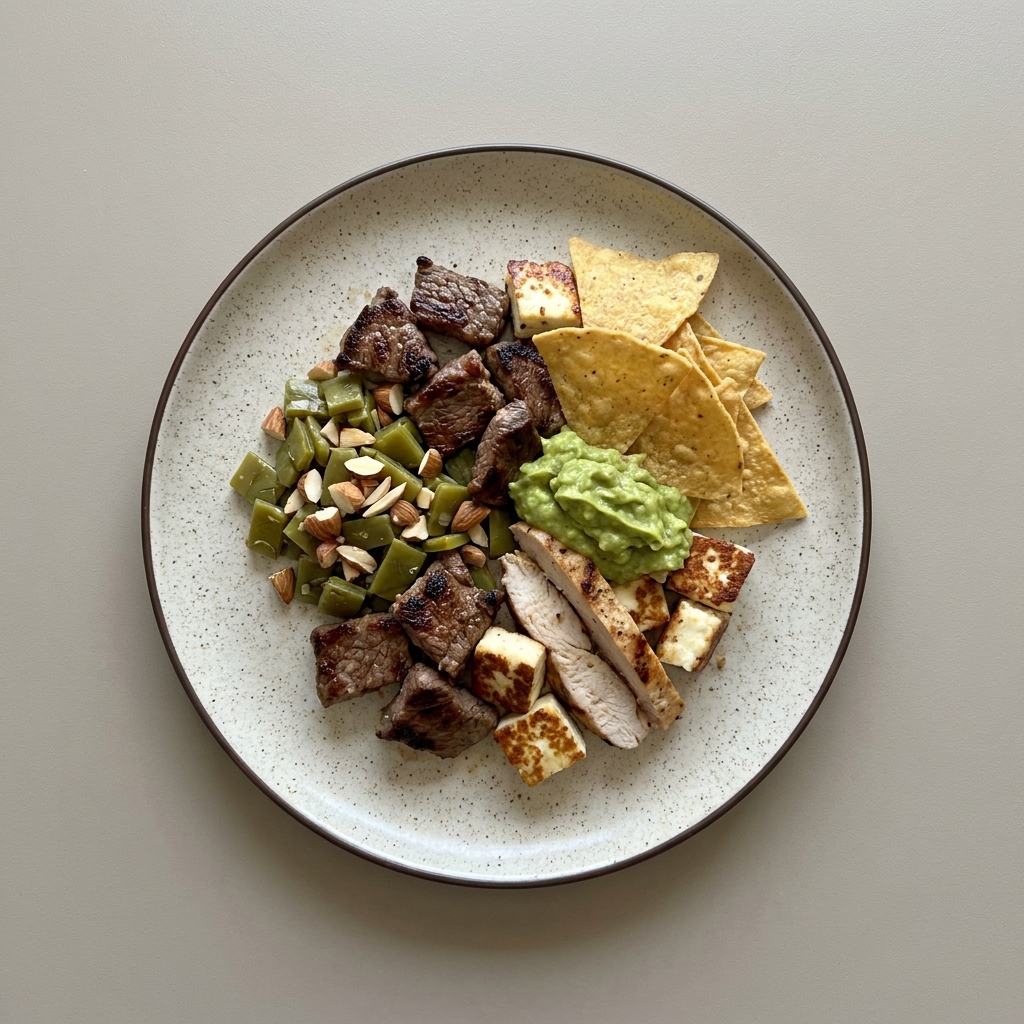 Mix de res, queso panela y pechuga de pavo horneada a la plancha con almendra, nopal y guacamole, con totopos