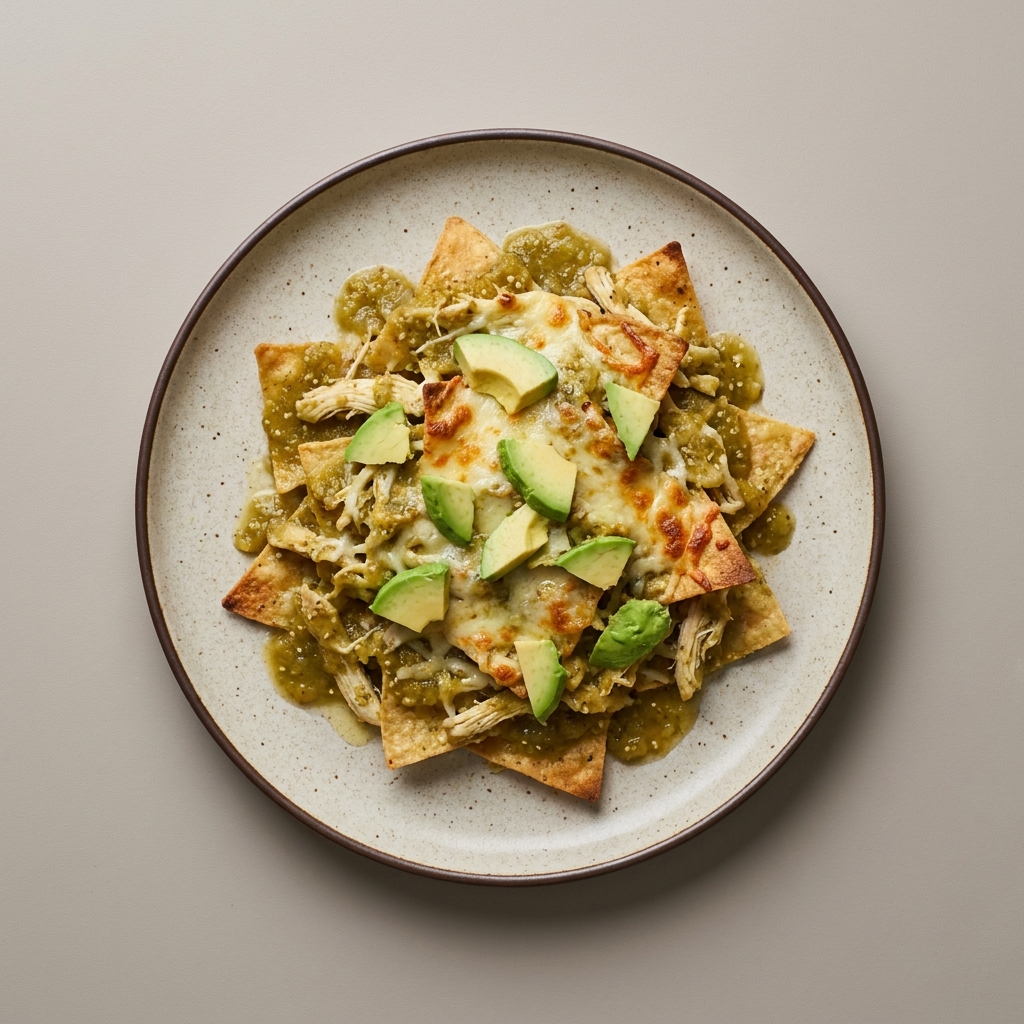 Chilaquiles verdes gratinados con pechuga de pollo y aguacate
