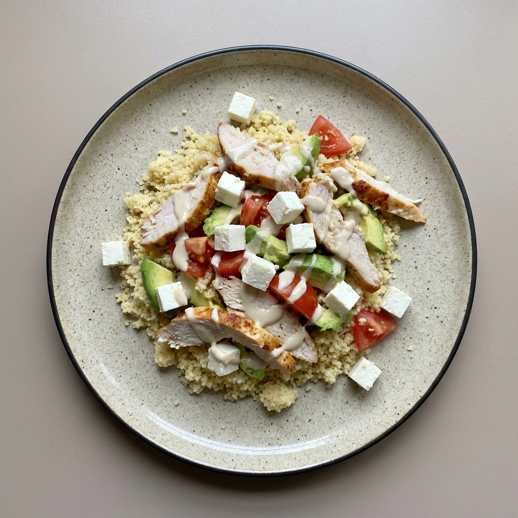 Bowl de couscous con queso fresco, pechuga de pavo horneada, tahini, aguacate, y jitomate