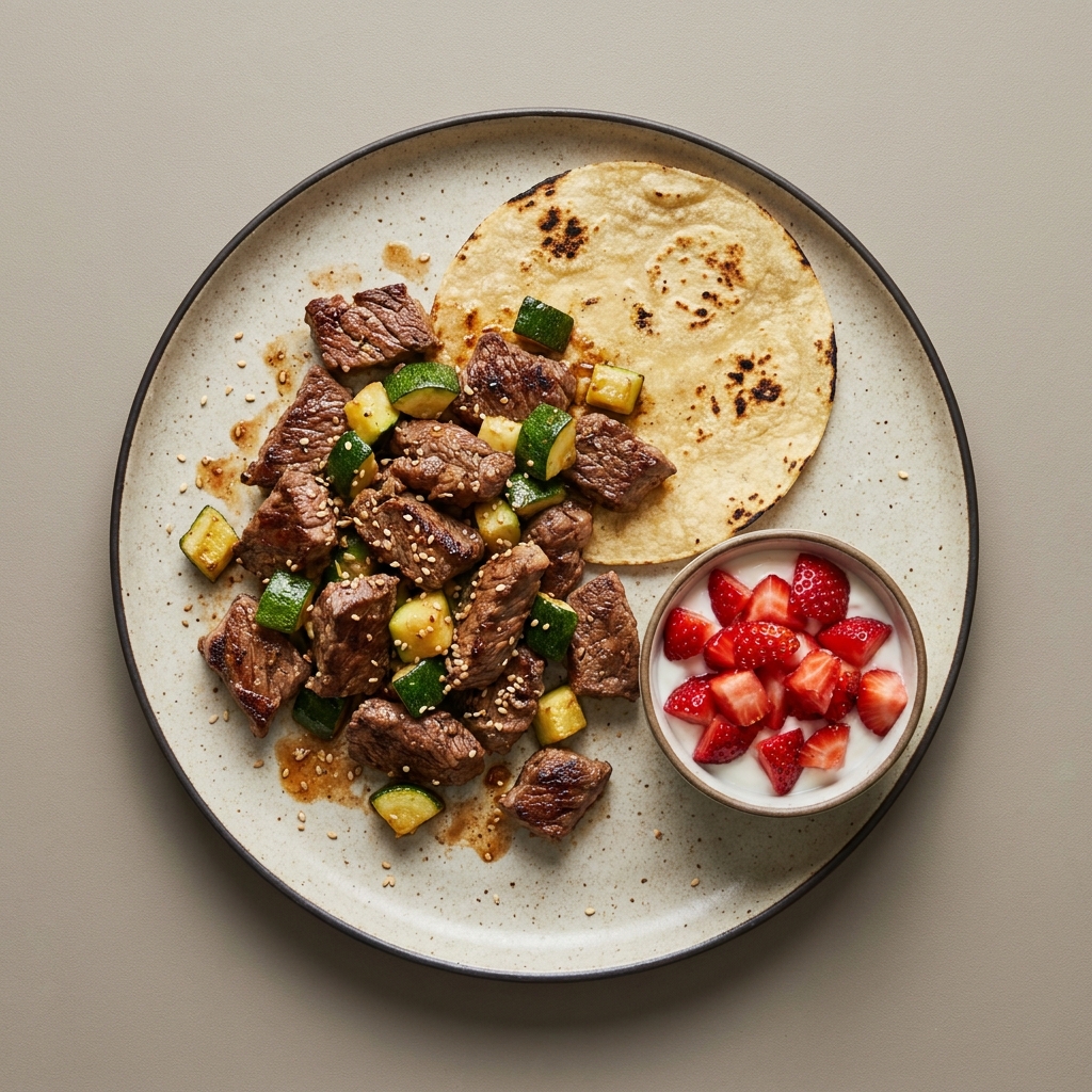 Arrachera con calabacita y semilla de ajonjolí, con tortilla de maíz, y yogurt con fresas