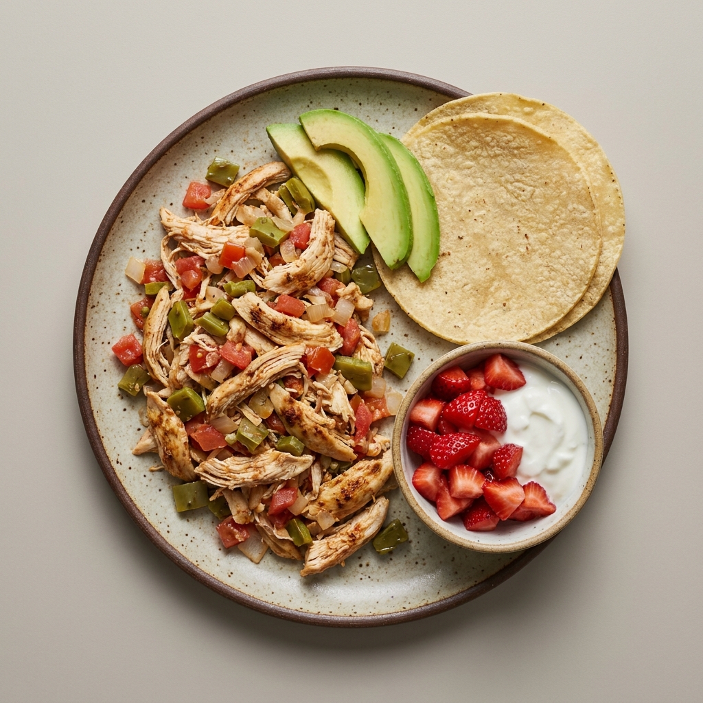Pechuga de pollo a la mexicana con nopal y aguacate, con tortilla de maíz, y yogurt con fresas picadas